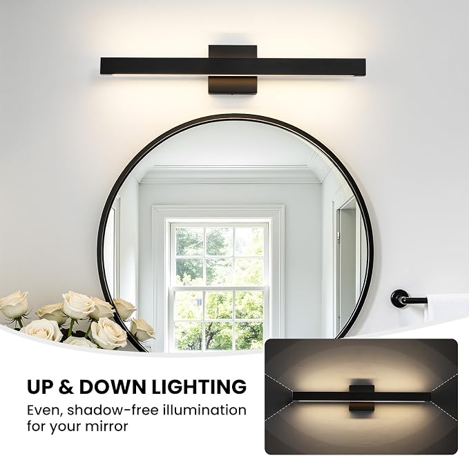 24 Inch Modern Vanity Light Black Bathroom Lighting Fixture with Up & Down Lighting 5CCT Dimmable LED Vanity Light Bar Over Mirror for Bathroom Bedroom Restroom