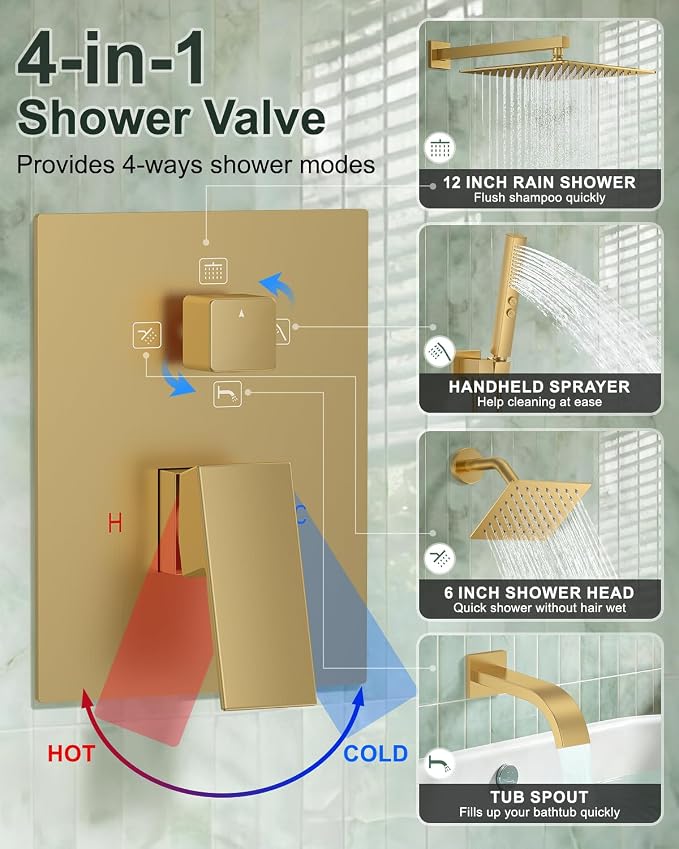 Rain Shower System with Rough-in Valve, Wall Mount Shower Faucet Set with 12" & 6" Dual Rain Shower Heads, 2-in-1 Handheld Shower, Tub Spout, 4-Function Complete Shower Fixture, Brushed Gold