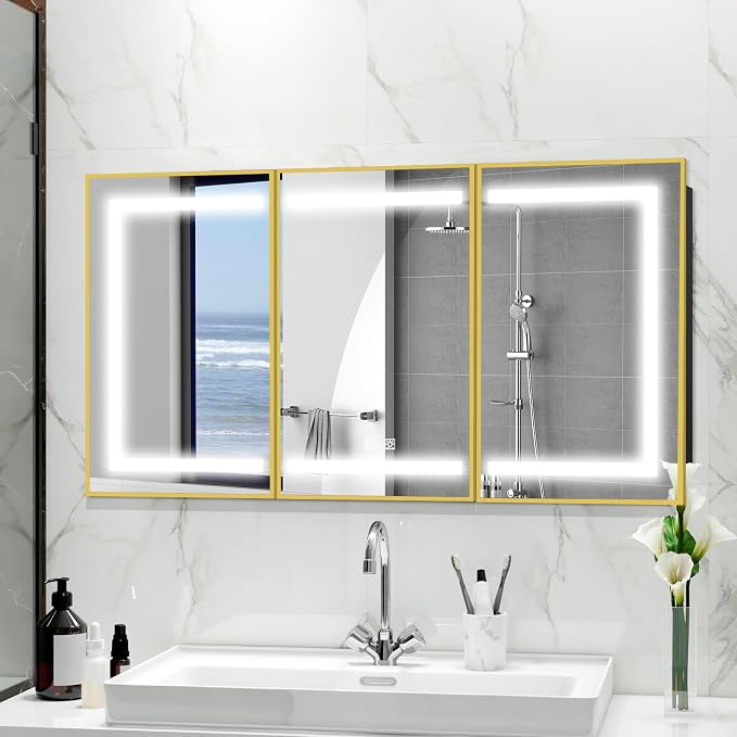 ROOMTEC 60 x 32 Inch Medicine Cabinet Mirror with LED Lights, Gold Bathroom Medicine Cabinet with Mirror and Storage, Recessed or Wall Mount, 3 Color Temperature, Dimmable Light