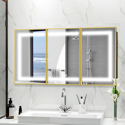 ROOMTEC 60 x 32 Inch Medicine Cabinet Mirror with LED Lights, Gold Bathroom Medicine Cabinet with Mirror and Storage, Recessed or Wall Mount, 3 Color Temperature, Dimmable Light