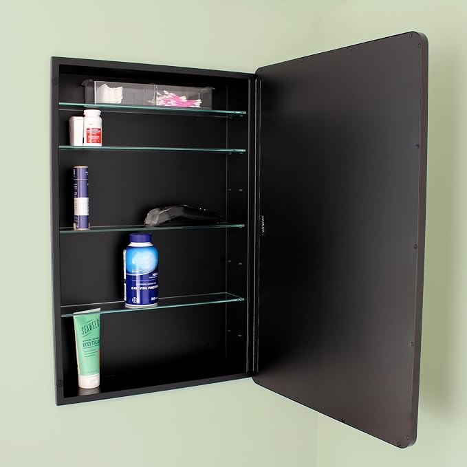 20x30 Austin Farmhouse Metal Framed Rounded Rectangle Recessed Bathroom Medicine Cabinet, Beveled Mirror, 18x28 in-Wall Opening, powder-coated Steel, Adjustable Glass Shelves, Magnet Close, Black