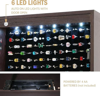Jewelry Armoire Cabinet Organizer Standing with 20 LED Lights Lockable | Full Length Mirror with Storage Shelves and 2 Drawers (Brown) Adjustable Tilt Angles Gift for Her