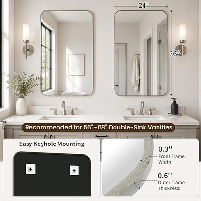 2-Pack 24x36 Inch Brushed Nickel Rounded Rectangle Vanity Mirrors | Double Vanity or Two Bathrooms, Pair or Separate Use, Aluminum Frame, Slim Front Profile, Two-Way Mount
