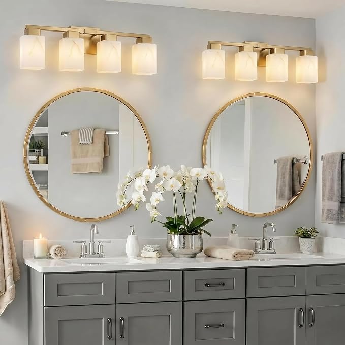 4-Light Square Bathroom Light Fixture, Gold Modern Vanity Light with White Marble Glass Shade, for Bathroom Mirror, Living Room, Bedroom, Hallway, E26 Base
