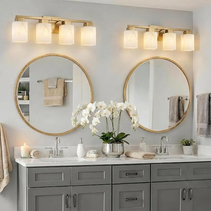 4-Light Square Bathroom Light Fixture, Gold Modern Vanity Light with White Marble Glass Shade, for Bathroom Mirror, Living Room, Bedroom, Hallway, E26 Base