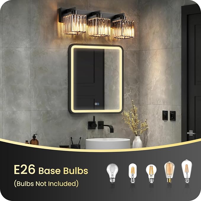 Modern Crystal Vanity Light, 3-Light Bathroom Light Fixture, 22" Square Vanity Lighting Fixture, E26 Base, Bulbs Not Included, for Bathroom,Vanity Light Over Mirror, Hallway,Black B06BD05W1