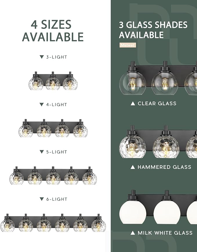 6-Light Black Bathroom Vanity Light, Hammered Glass Globe Shade | 38 Inch matte black modern bathroom light fixture over mirror, UL listed, E26 bulbs, hardwired, upward only, VL200-MB-CL-6