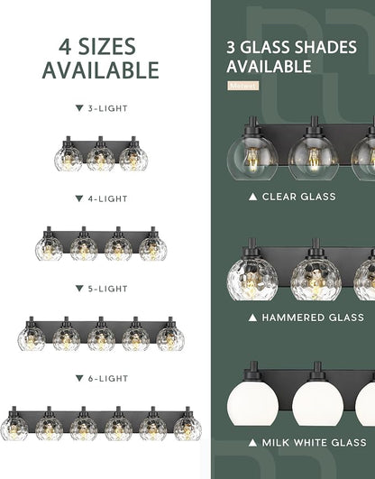 6-Light Black Bathroom Vanity Light, Hammered Glass Globe Shade | 38 Inch matte black modern bathroom light fixture over mirror, UL listed, E26 bulbs, hardwired, upward only, VL200-MB-CL-6