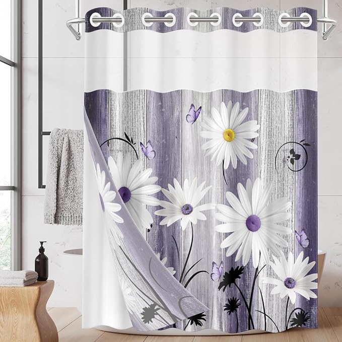 No Hook Shower Curtain with Snap in Liner 71x74 Inch Flower Daisy | Purple Wooden Boards Modern Double Layers Waterproof Fabric with See Through Top Window Open Grommet Bath Curtain