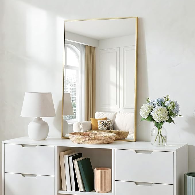 MZON 20" x 30" Brushed Gold Bathroom Vanity Mirror, Mirror for Over Sink | Aluminum Alloy Frame, Clear Reflection, Rust-Resistant, Vertical or Horizontal, Wall Mount, Bedroom and Entryway
