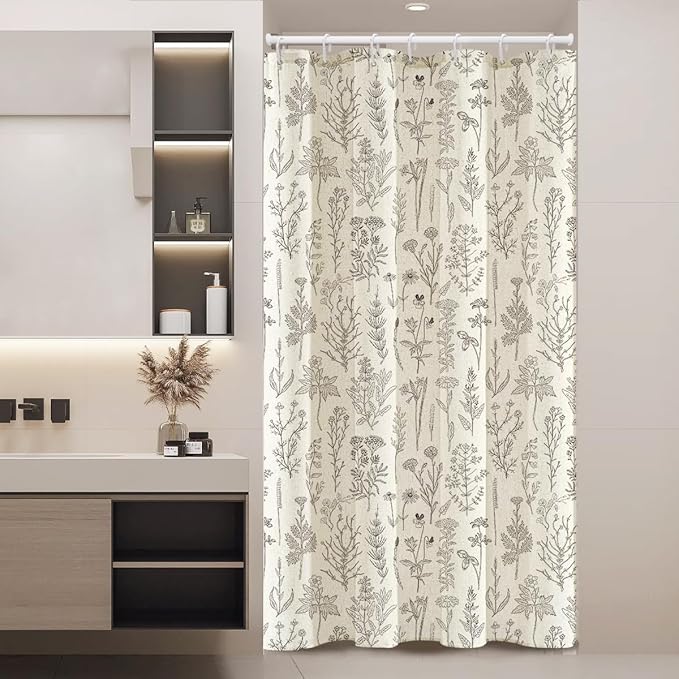 Coxila Linen Shower Curtain Stall Small Spring Farmhouse Floral Vintage Beige Neutral Half Narrow Single Walk in Stand up Heavy Duty Textured Toile Bathroom 36x72 Inch Polyester Fabric 7 Pack Hooks
