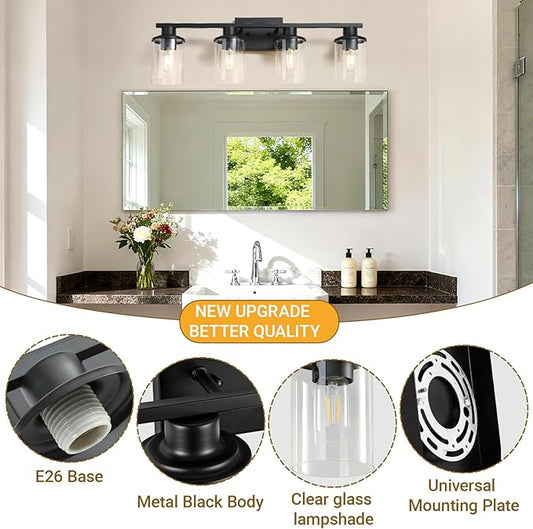 LOUSACE 4 Light Bathroom Vanity Light, 27" Black Vanity Lighting Fixture Over Mirror with Clear Glass Shade, E26 Base