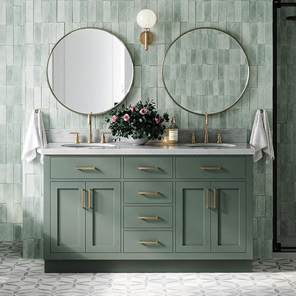 ARIEL Hepburn 61 Inch Double Oval Sink Bathroom Vanity with Carrara White Marble Countertop 1.5 Inch in Vintage Green