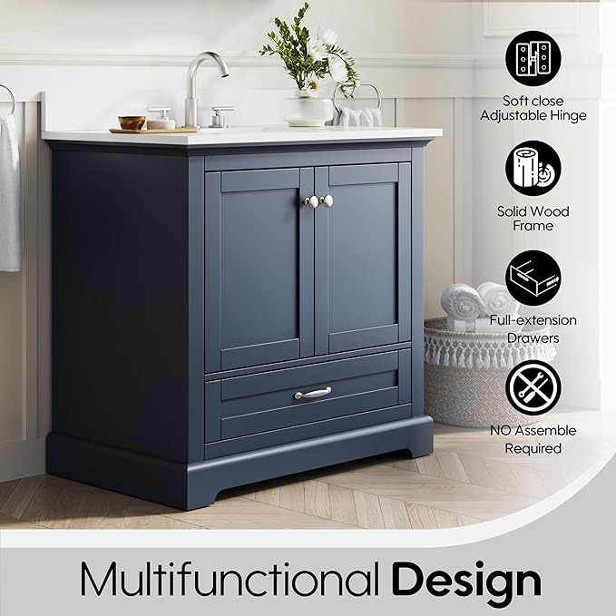 WELLFOR 36" Bathroom Vanity with Sink, Bathroom Freestanding Vanity W/ 2 Soft-Close Doors and 1 Soft-Close Drawers, Bathroom Cabinet Vanity with Cultured Marble Countertop (Navy Blue)