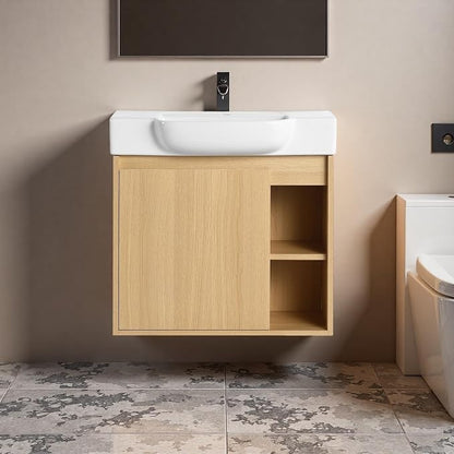 24" Bathroom Vanity with Ceramic Sink, Farmhouse Cabinet, Light Oak | Ceramic Sink, Soft-Close Door, Interior Compartment and 2-Tier Open Side Shelves, 45° Inclined Edge Handle