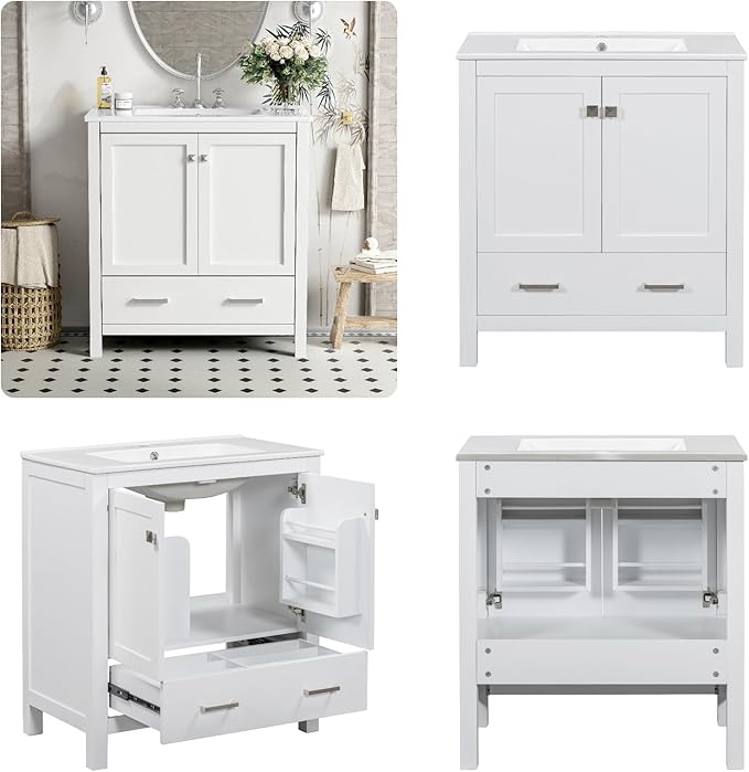 30" Freestanding Bathroom Vanity with Sink, Floor Stand Bathroom Storage Cabinet with Ceramic Sink, Doors with Double-Layered Storage Shelves, Modern Compact Vanity with Divided Drawer, White