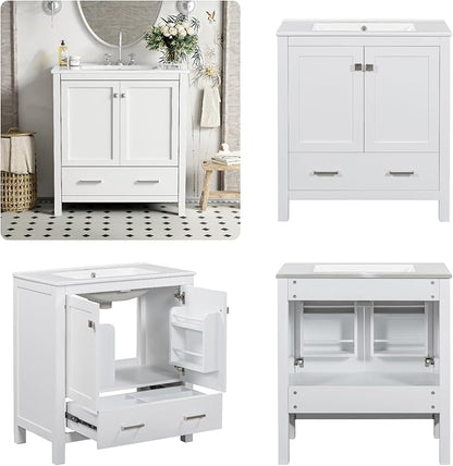 30" Freestanding Bathroom Vanity with Sink, Floor Stand Bathroom Storage Cabinet with Ceramic Sink, Doors with Double-Layered Storage Shelves, Modern Compact Vanity with Divided Drawer, White