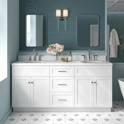 ARIEL Hamlet 72" Double White Bathroom Vanity, 1.5" Edge Carrara Quartz Countertop & Splash, Oval Sinks, 4 Soft Closing Doors, 3 Full Extension Dovetail Drawers, Toe Kick, Brushed Nickel