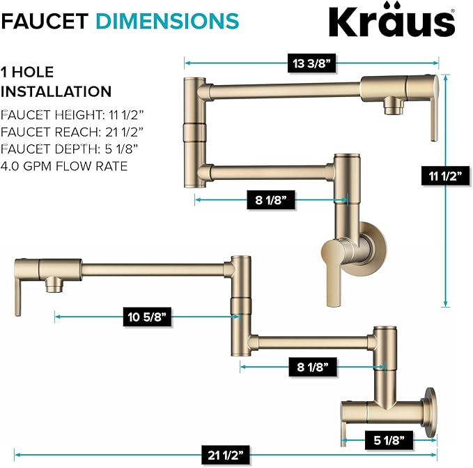 KRAUS Oletto Pot Filler Faucet with Retractable Arm, Wall Mount Kitchen Faucet, Pot Filler for Stove in Spot-Free Brushed Brass, KPF-5001SFACB