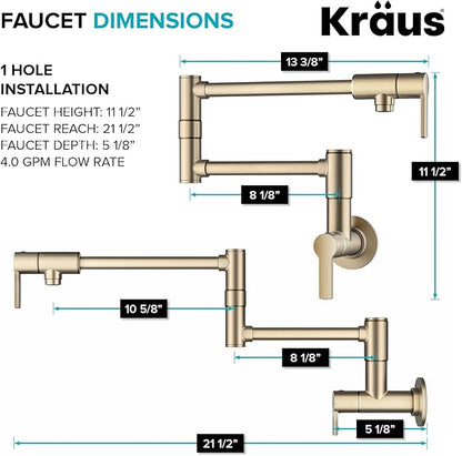 KRAUS Oletto Pot Filler Faucet with Retractable Arm, Wall Mount Kitchen Faucet, Pot Filler for Stove in Spot-Free Brushed Brass, KPF-5001SFACB