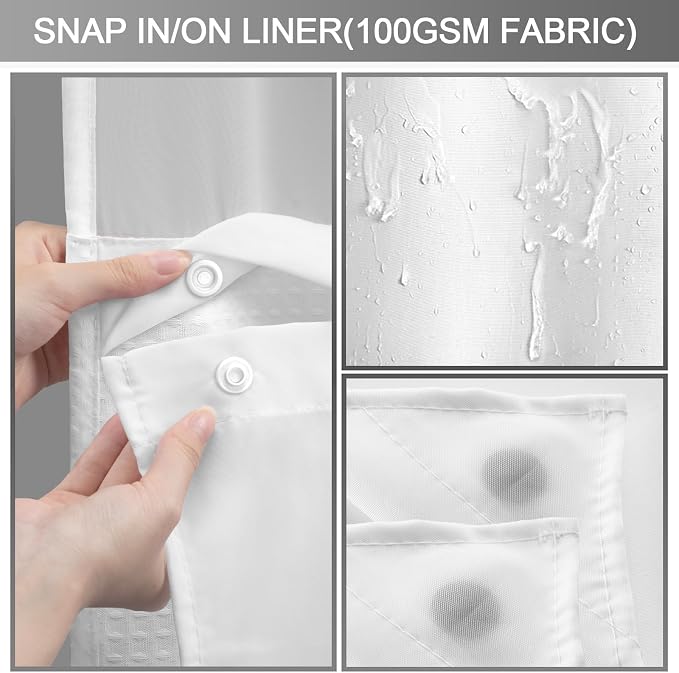 White Shower Curtain and Liner Set,230GSM Waffle Weave Textured Heavy Duty Hotel No Hook Shower Curtain 75" L x 72" W