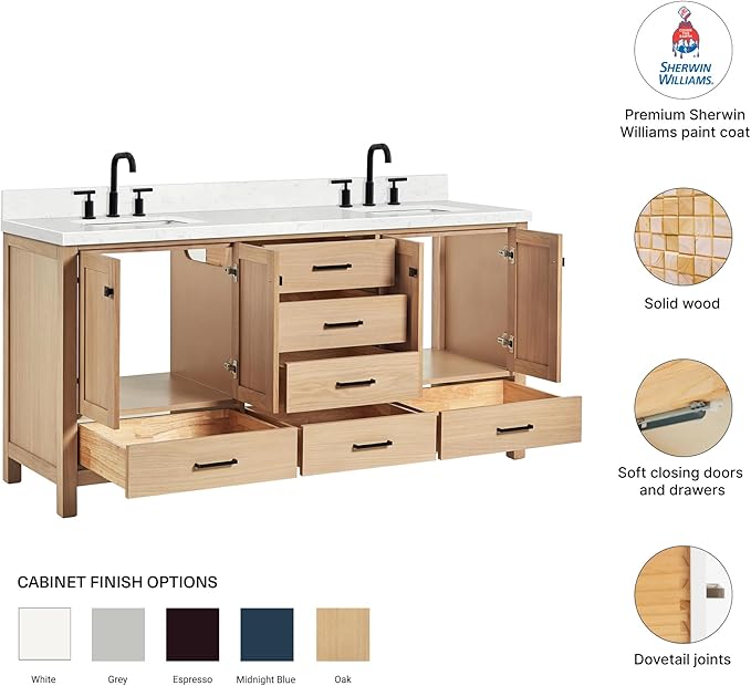 DKB Beckford 72-Inch Oak Double Bathroom Vanity with Rectangle Sinks, 1.5" Carrara White Quartz Countertop & 4" Backsplash, 4 Soft Closing Doors, 6 Dovetail Drawers, Matte Black Hardware