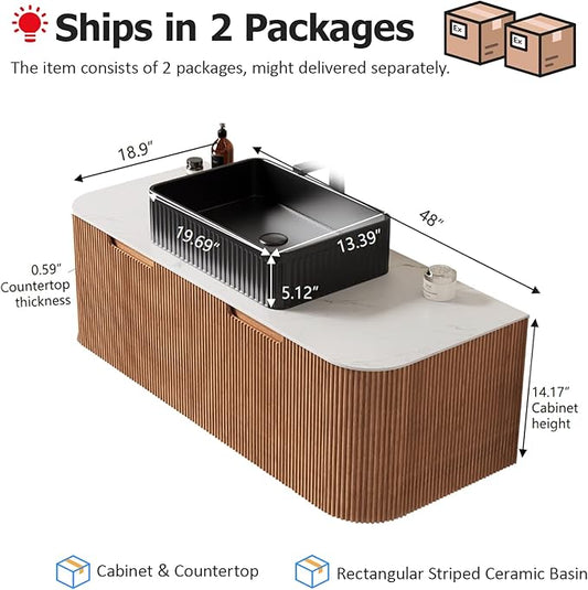 48" Floating Bathroom Vanity with Sink, Wall-Mount Cabinet with 2 Large Storage Drawers, Black Rectangular Ceramic Basins and Marble Top, Soft-Close Design, Pre-Assembled, Natural Wood