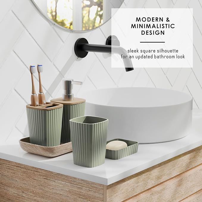 Clara Clark Bathroom Set - Sage Green Bathroom Accessories Set, 6PC Bathroom Accessory Set, Bathroom Sets with Bathroom Rugs, Adhesive Corner Shower Caddy Hanging, Toilet Brush & Trash Can