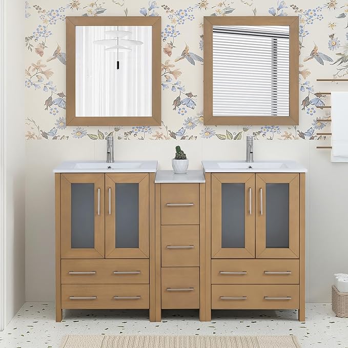 HOMEBEYOND 60 Inch Modern Bathroom Vanity with Sink & Mirror, Double Sink Vanity Cabinet with Basin and Mirror, Dove-Tailed Drawers, Soft-Closing Doors, Wood, Natural Oak