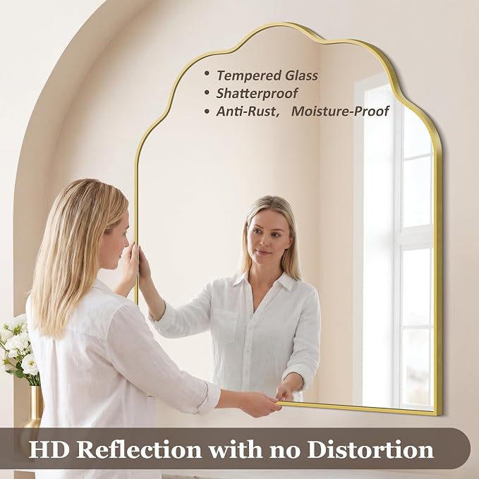 Gold Arched Mirror, 36×40Inch Scalloped Mirror for Bathroom, Wavy Wall Mounted Vanity Mirror with Aluminum Alloy Frame for Livingroom Bedroom and Entryway, Tempered Glass