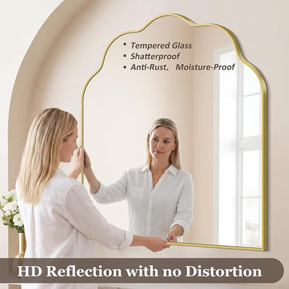 Gold Arched Mirror, 36×40Inch Scalloped Mirror for Bathroom, Wavy Wall Mounted Vanity Mirror with Aluminum Alloy Frame for Livingroom Bedroom and Entryway, Tempered Glass