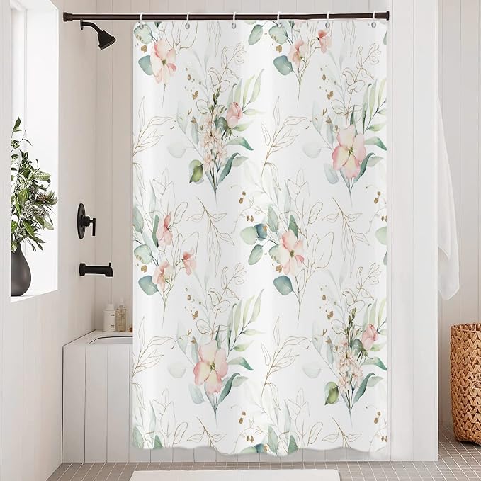 Spring Pink Floral Shower Curtain, Weighted Bottom Sage Green Eucalyptus Leaf Watercolor Botanical Plants with Gold Branches Fabric Bathroom Curtain Home Decor Waterproof Washable with 12 Hooks