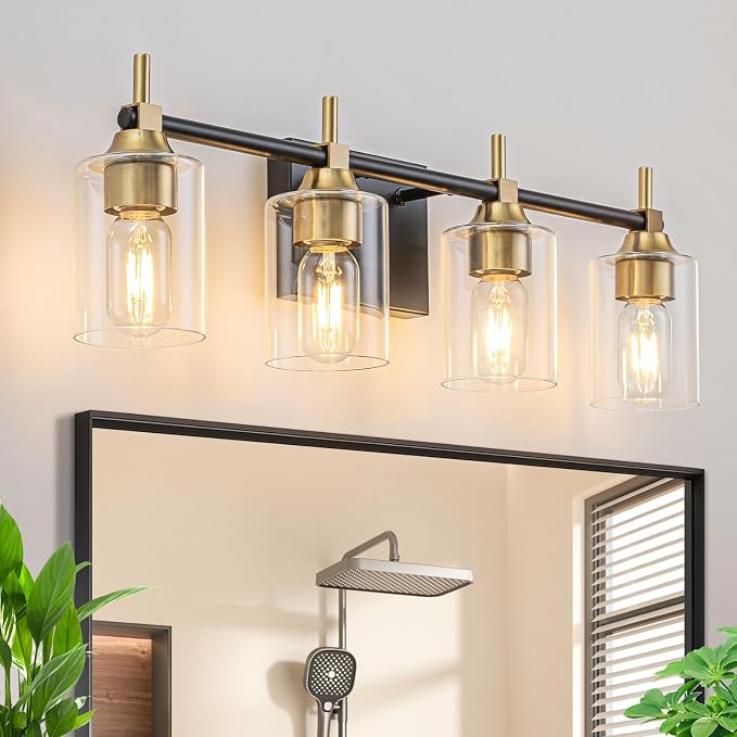4-Light Modern Bathroom Vanity Light,Black and Gold Light Fixtures for Bathroom,Modern Wall Light Over Mirror with Glass E26 Socket (Bulbs Not Included)