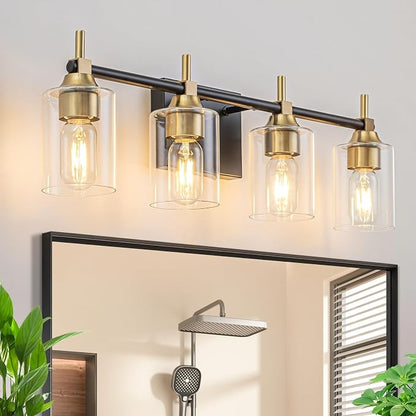 4-Light Modern Bathroom Vanity Light,Black and Gold Light Fixtures for Bathroom,Modern Wall Light Over Mirror with Glass E26 Socket (Bulbs Not Included)