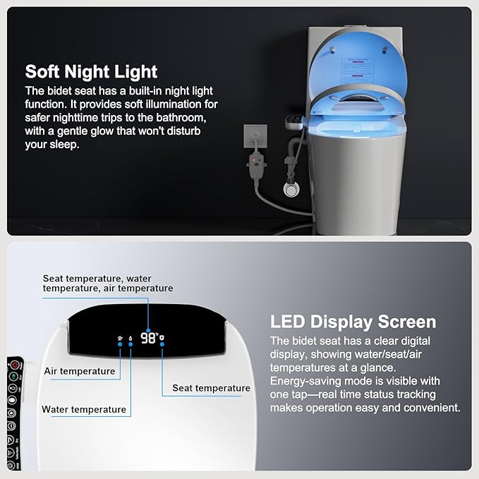 LOUPUSUO Electric Heated Bidet Toilet Seat with Warm Water Wash | Heated Seat, Warm Air Dryer, Soft Closed Lid, Night Light,Toilet Seat with LED Display and Multiple Cleaning Modes