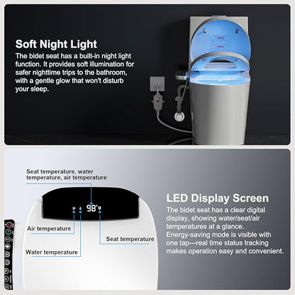 LOUPUSUO Electric Heated Bidet Toilet Seat with Warm Water Wash | Heated Seat, Warm Air Dryer, Soft Closed Lid, Night Light,Toilet Seat with LED Display and Multiple Cleaning Modes