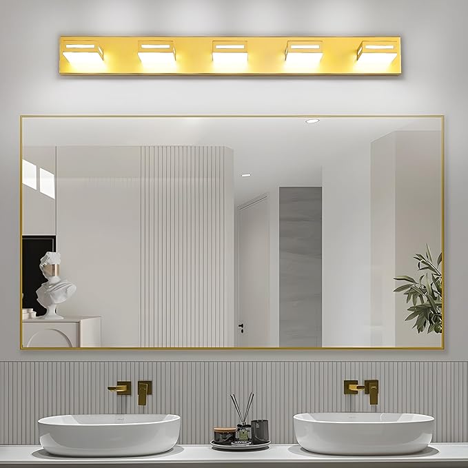 LED Modern Bathroom Light Fixtures, 5-Light 40-Inch Gold Vanity Lights for Bathroom Lighting Fixtures Over Mirror, 350° Rotatable Acrylic, 6000K Cool White Wall Lamp
