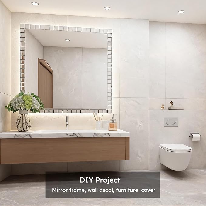 32 Pcs Mirror Peel and Stick Tile, Silver, 3x3 Inch, Beveled Mirror Square Kitchen Backsplash Bar Bathroom Wall Tile