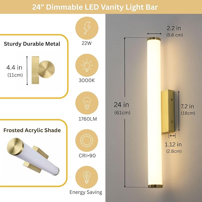 24 Inch Modern LED Vanity Light, Brushed Gold Bathroom Lighting Fixture, 3000K Warm White Light Bar for Mirror (22W, 1760Lumens, CRI>90, ETL Listed)