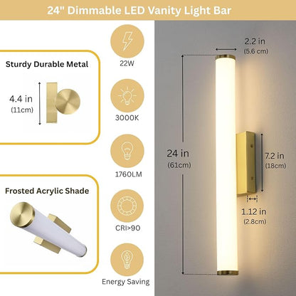 24 Inch Modern LED Vanity Light, Brushed Gold Bathroom Lighting Fixture, 3000K Warm White Light Bar for Mirror (22W, 1760Lumens, CRI>90, ETL Listed)