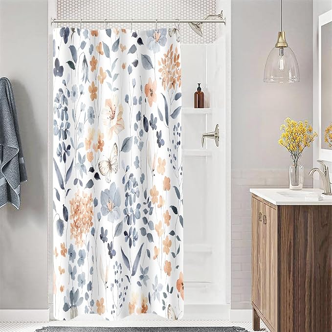 Small Stall Shower Curtain 36 x 72 Inch, Half Narrow Blue Floral Shower Curtains for Bathroom, Watercolor Flower Butterfly Fabric Shower Curtain Set with Hooks
