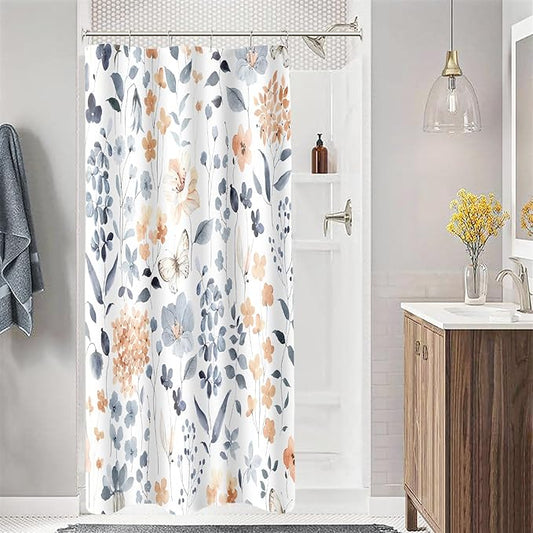 Small Stall Shower Curtain 36 x 72 Inch, Half Narrow Blue Floral Shower Curtains for Bathroom, Watercolor Flower Butterfly Fabric Shower Curtain Set with Hooks