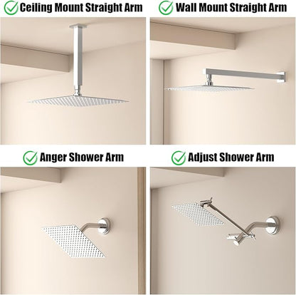 10 Inch Rain Shower Head High Pressure Rainfall Shower Head Chrome | Square Rain Bathroom Showerhead, High Flow, Large Stainless Steel, Ceiling Mounted, Wall Mounted, Waterfall Full Body