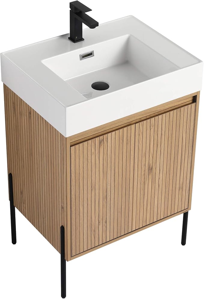 Crownpoint 24 Inch Bathroom Vanity with Sink, White Sink, Bright Oak Finish, Full Assembly Required, Elegant Bathroom Vanities for Modern Homes