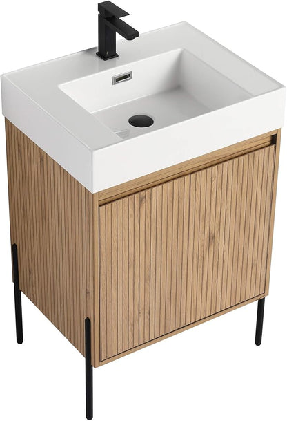 Crownpoint 24 Inch Bathroom Vanity with Sink, White Sink, Bright Oak Finish, Full Assembly Required, Elegant Bathroom Vanities for Modern Homes