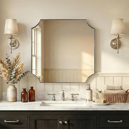 30"x30" Brushed Nickel Mirror, Square Bathroom Mirror for Over Sink, Silver Vanity Mirror in Anti-Rust Stainless Steel Frame, Aesthetic Scalloped Corner Design, Ideal for Home Remodel
