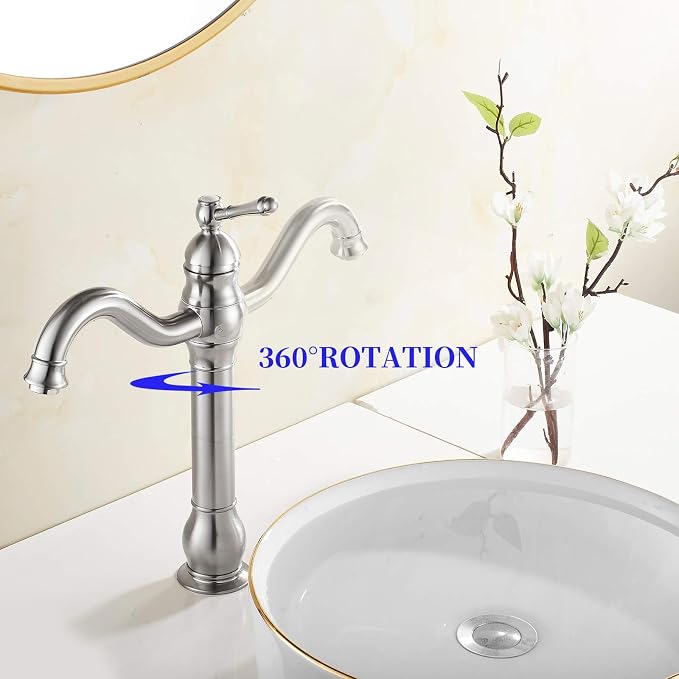 Bathroom Vessel Bowl Sink Faucet Brushed Nickel Single Handle with Drain | One Hole Lavatory Vanity Faucet 360° Swivel Matching Pop up Drain without Overflow Commercial Deck Mount