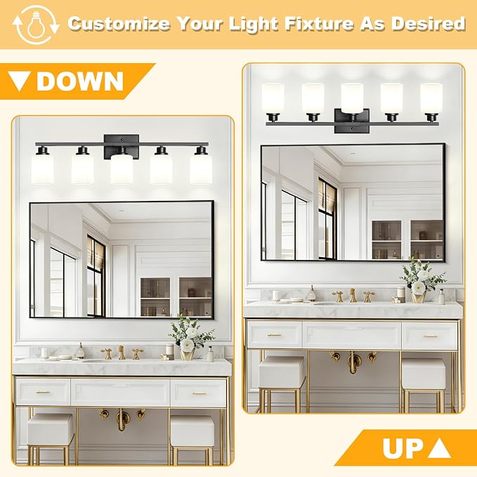 Unicozin 5-Light Bathroom Light Fixtures, Modern Black Vanity Light Over Mirror, Wall Sconces with Milky White Glass Shades for Living Room Bedroom Hallway E26 Base