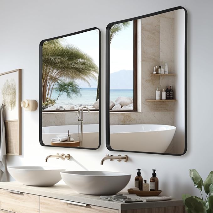 Anpark Wall Mirror 30" x 48" for Bathroom Black Metal Deep Frame Mirror for Wall Decorative Rectangular Round Corner Wall Mounted Vanity Mirror for Bedroom Living Room Entryway Wall Decor