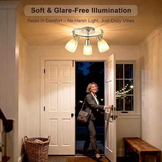 HiBay 3-Light Ceiling Light Fixture Adjustable Modern Chrome Track Lighting | with Glass Shades, Flush Mount Ceiling Spotlight Indoor for Kitchen, Bedroom, Living Room, E12 Base, No Bulbs